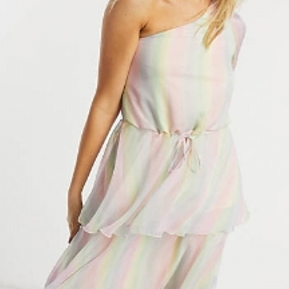 Outrageous Fortune One ShoulderTiered Midi Dress In Pastel RainbowStripe, Size 4